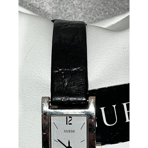 NEW GUESS SILVER TONE BLACK Leather BAND RECTANGLE WHITE DIAL WATCH in box